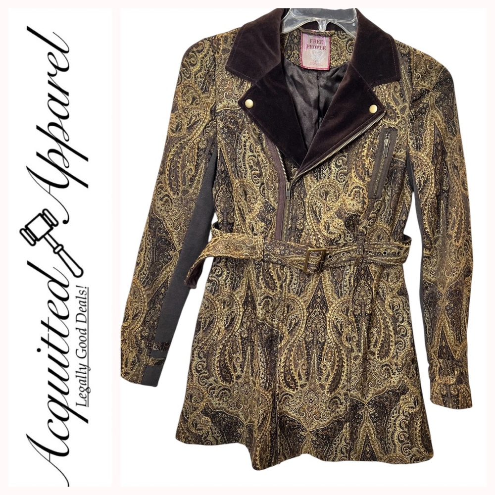 Free People Paisley Velvet Snap Down Collar Belted Jacket Coat